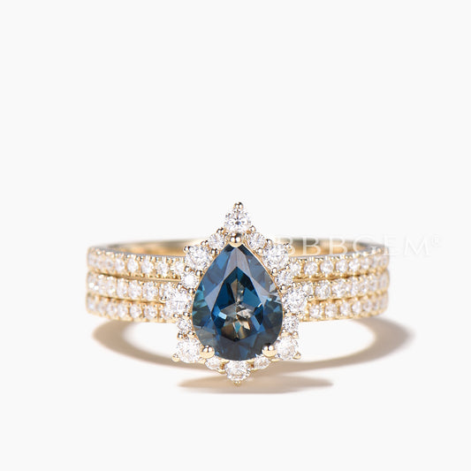 3PCS Pear Cut Natural London Blue Topaz Halo Ring Set Diamond Stacking Band