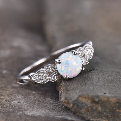 Milgrain White  Opal Engagement Ring White Gold Leaf Diamond