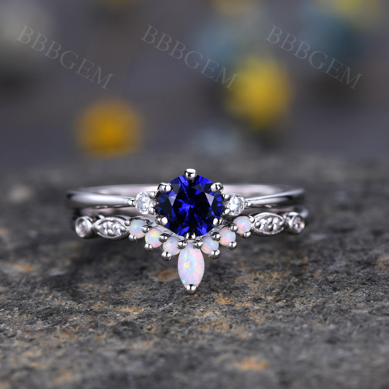 opal and sapphire wedding ring set