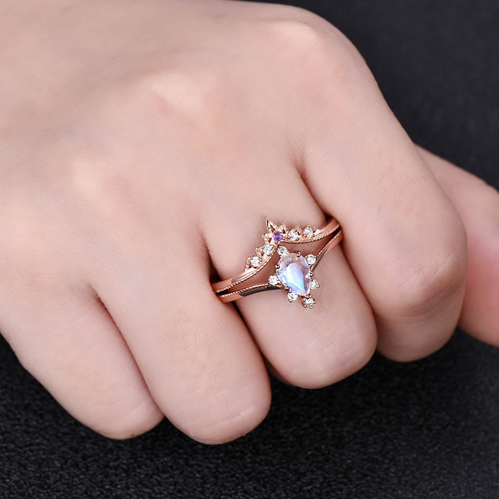 Pear shaped moonstone engagement ring