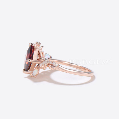 Princess Cut Natural Garnet Engagement Ring Leaf Vine Opal Ring