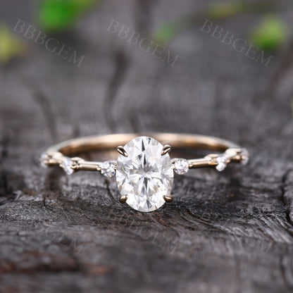 Dainty 1.5 Carat Oval Cut Moissanite Engagement Ring Solid Rose Gold Moissanite Wedding Band