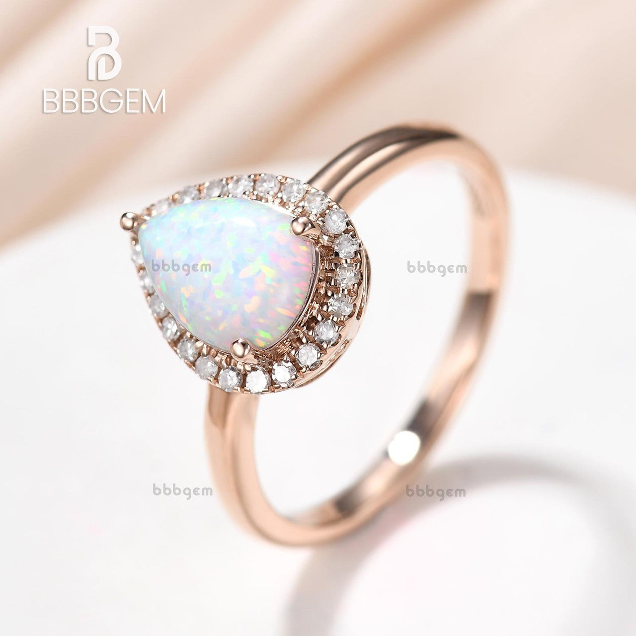 14K/18K Gold Classic Pear Shaped Opal Rose Gold Engagement Ring Halo