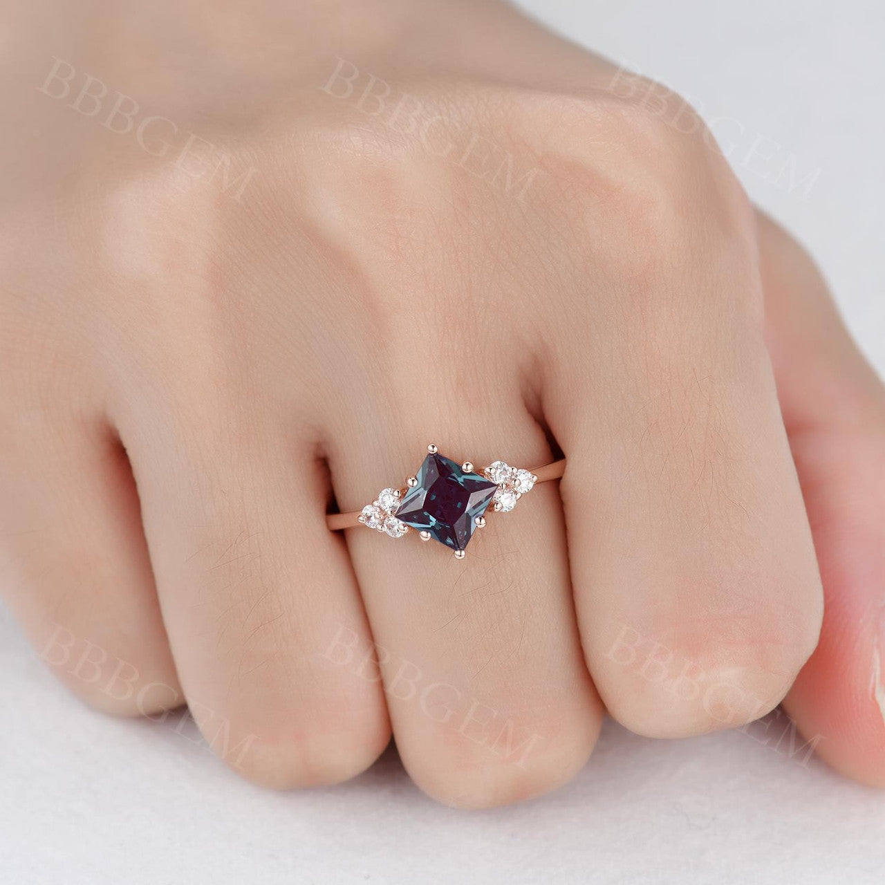 Unique 6mm Princess Cut Alexandrite Engagement Ring Moissanite Wedding Band