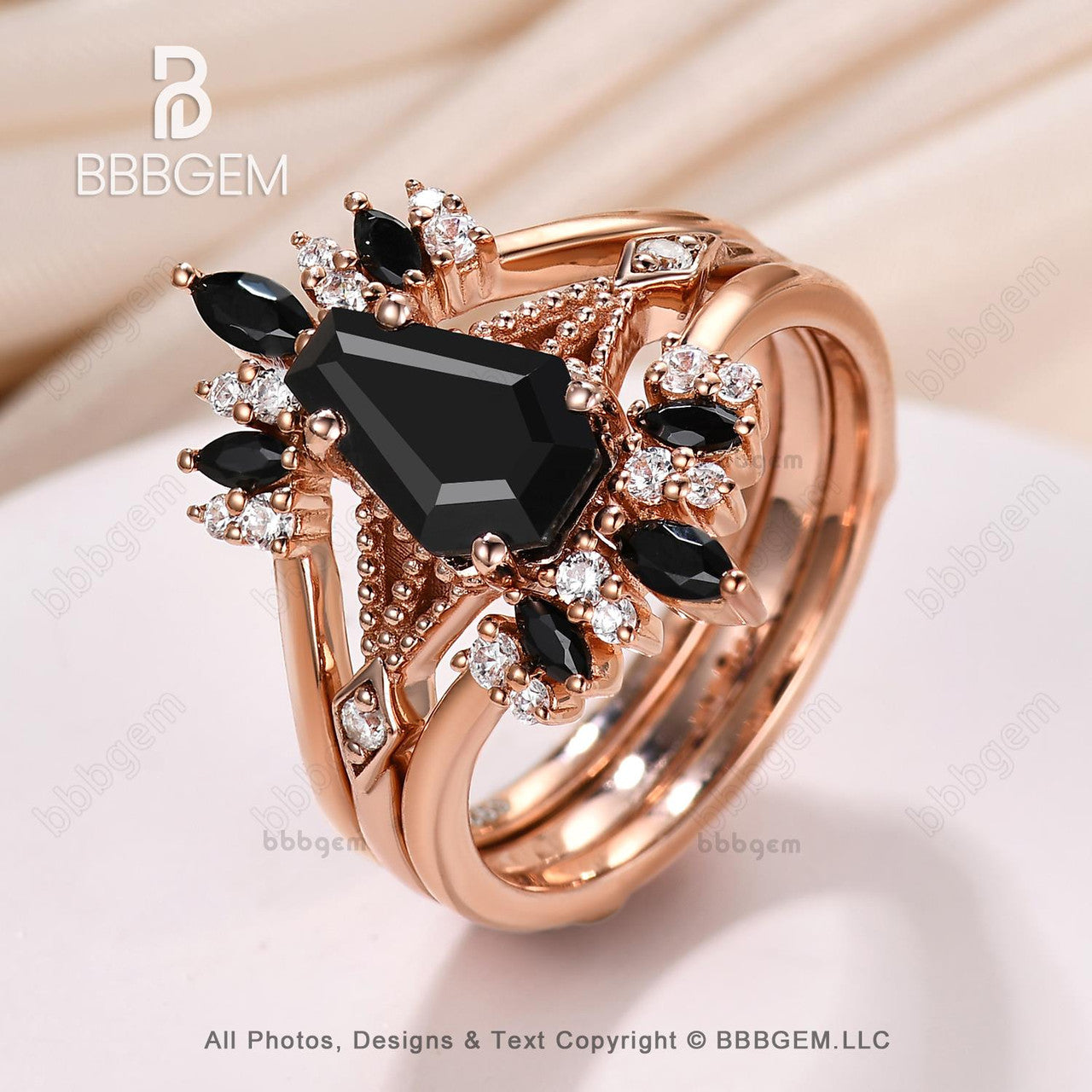 14k Gold Coffin Engagement Ring Set With Black Onyx Aug Birthstone and Diamond Stacking Enhancer Band