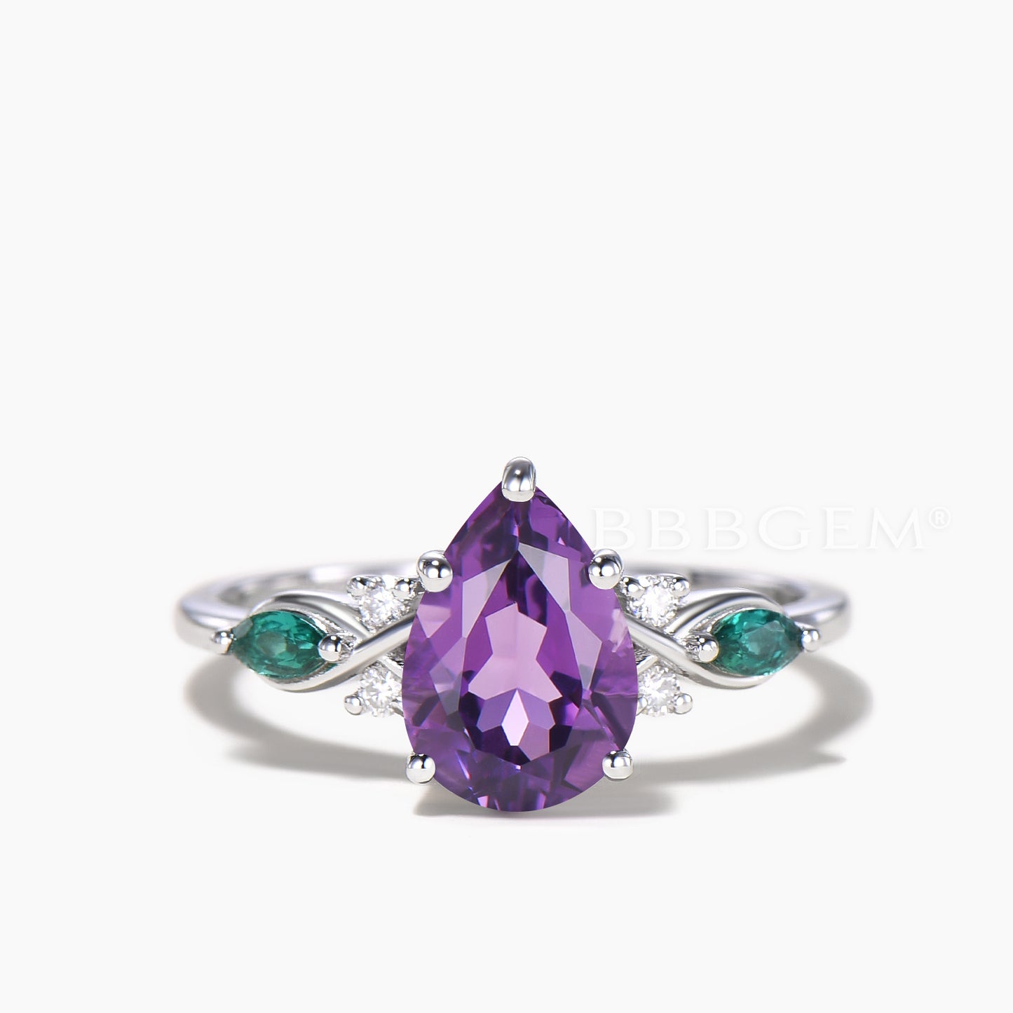 1.25CT Pear Cut Natural Amethyst Engagement Ring Emerald Diamond Bridal Set