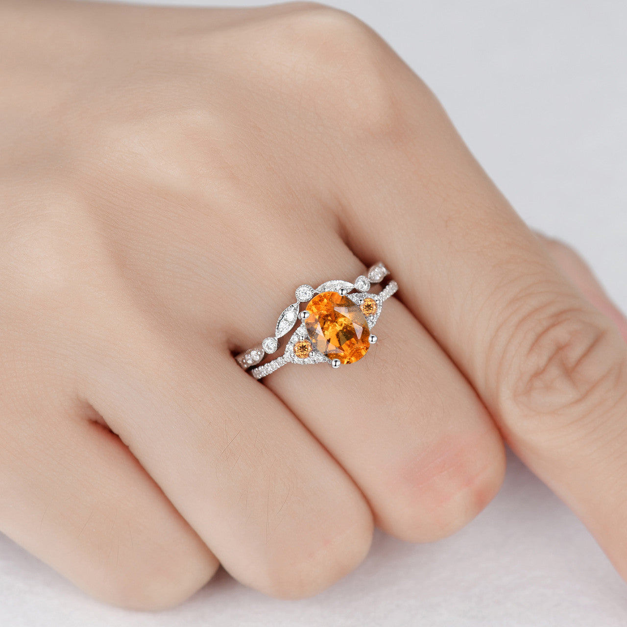 White Gold Anniversary Ring-BBBGEM 6x8mm Oval Cut Orange Garnet Ring