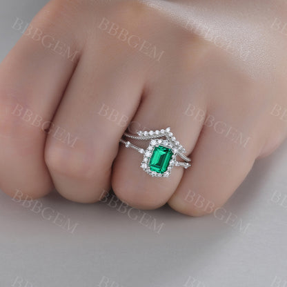 Emerald Gemstone Statement Ring Emerald Cut Wedding Ring Set