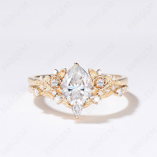 Pear Diamond Solid Gold Engagement Ring Leaf Flower Nature Wedding Ring