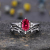 Long Hexagon Ruby Diamond White Gold Twig Leaf Vine Nature Inspired Cluster Wedding Ring Sets