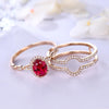 Rose Gold Diamond Halo Lab Ruby Engagement Ring Set With Euro Open Shank Double Band