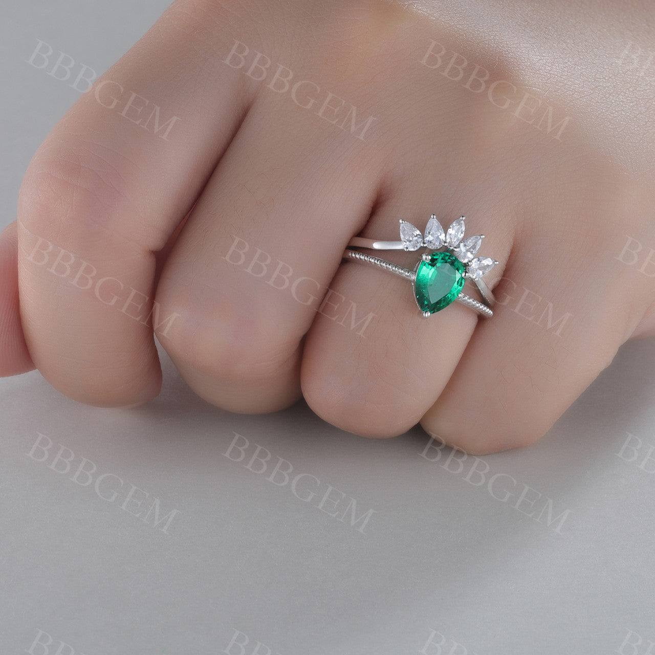 Pear Emerald Ring Marquise Cut Cluster Stacking Band Handmade Jewelry