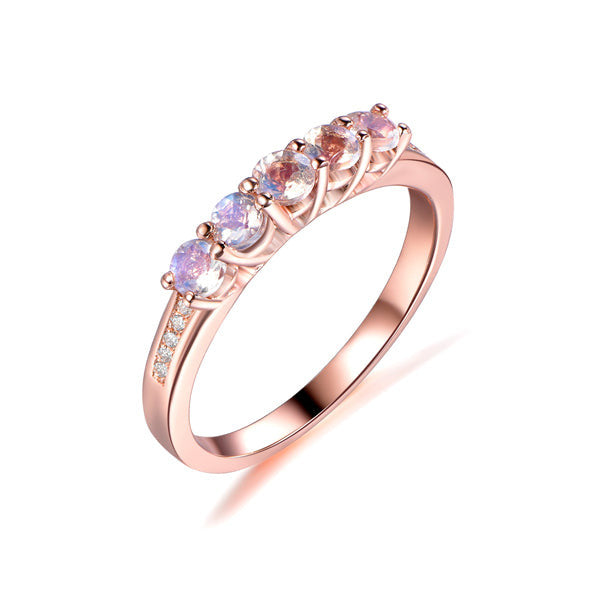 Five Stone Round Moonstone Diamond Birthstone Anniversary Wedding Band in Rose Gold Women Gift