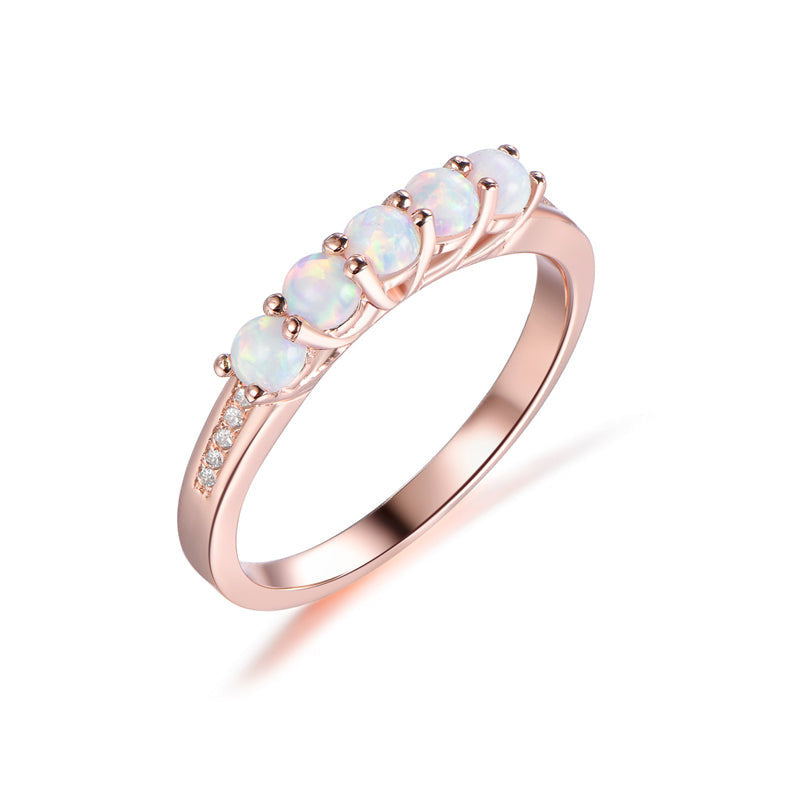 Five Stone Round Opal Diamond Birthstone Anniversary Wedding Band in Rose Gold Women Gift