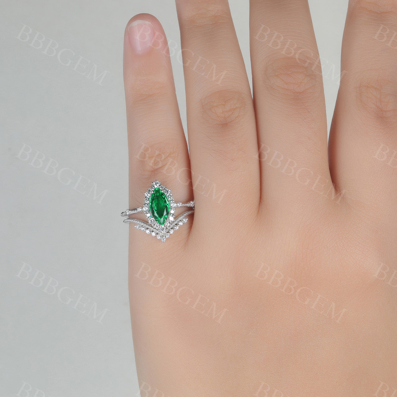 Marquise Emerald Engagement Ring Unique Wedding Ring Set V Curved Stacking Band