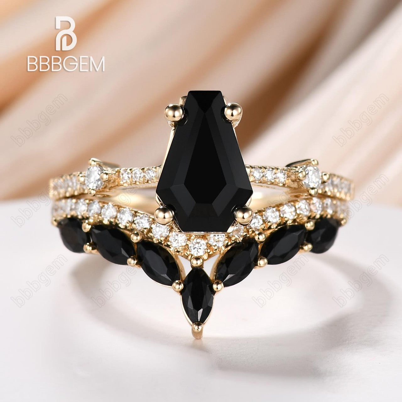 14K Rose Gold Black Onyx Engagement Ring Set Coffin Shaped BBBGEM