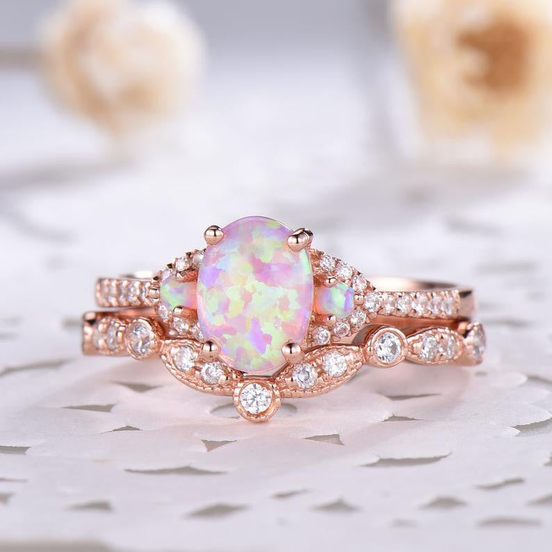 pink opal engagement rings rose gold plated-BBBGEM three stone opal bridal set