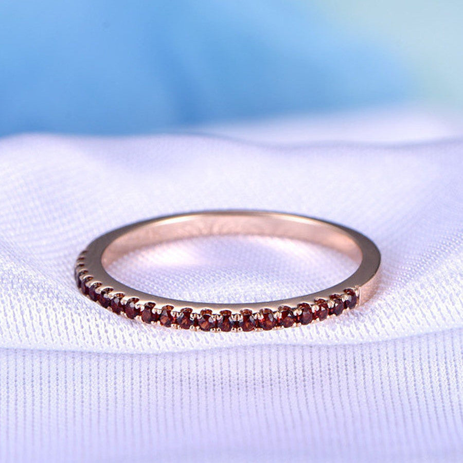 Garnet Wedding Band Half Eternity Garnet Ring Solid 14k Rose Gold Matching Band Anniversary Ring Stackable Gemstone Ring Custom Jewelry