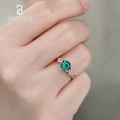 Hexagon Emerald Engagement Ring-Green Emerald Hexagon Ring in Rose Gold-Hexagon Cut Emerald Side Stones Engagement Ring