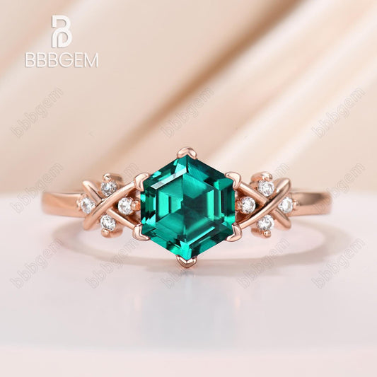 Hexagon Emerald Engagement Ring-Green Emerald Hexagon Ring in Rose Gold-Hexagon Cut Emerald Side Stones Engagement Ring