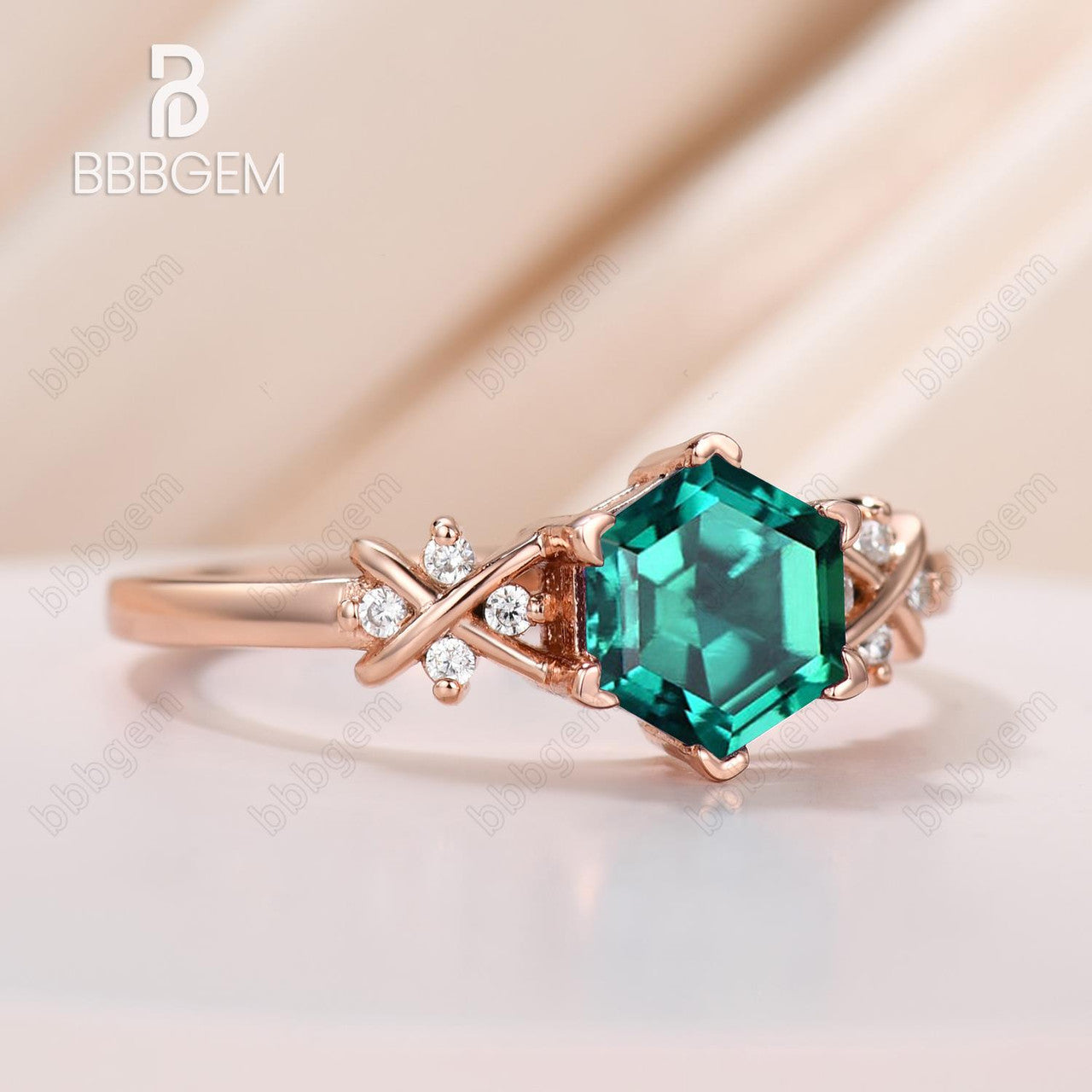 Hexagon Emerald Engagement Ring-Green Emerald Hexagon Ring in Rose Gold-Hexagon Cut Emerald Side Stones Engagement Ring