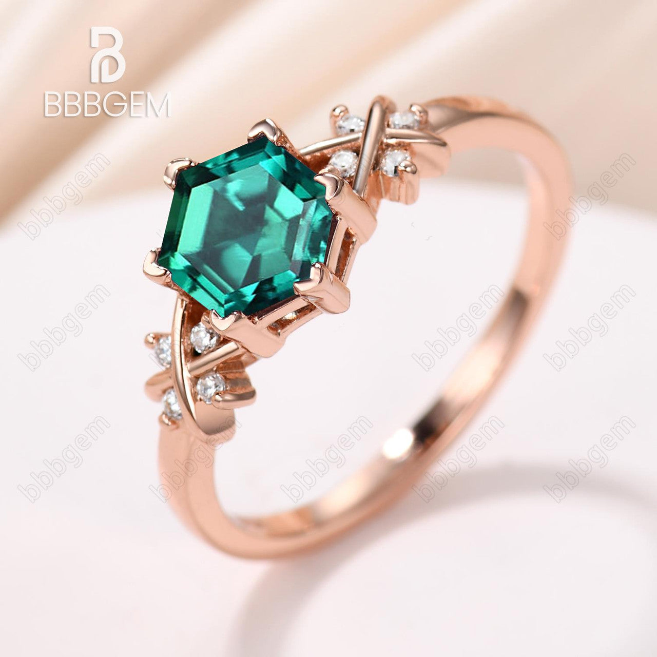 Hexagon Emerald Engagement Ring-Green Emerald Hexagon Ring in Rose Gold-Hexagon Cut Emerald Side Stones Engagement Ring