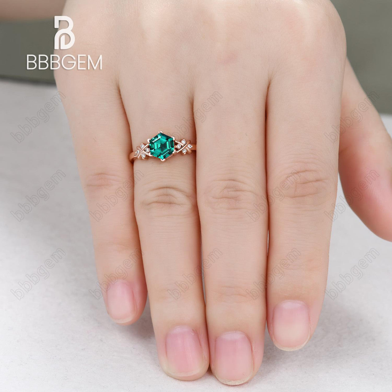 Hexagon Emerald Engagement Ring-Green Emerald Hexagon Ring in Rose Gold-Hexagon Cut Emerald Side Stones Engagement Ring