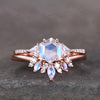 Hexagon Moonstone Engagement Ring Set 14K Rose Gold Bridal Set Side Triangle Moissanite Diamond Bridal Set