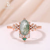Unique Long Hexagon Cut Moss Agate 14K Rose Gold Diamond Emerald Engagement Ring Vintage Hexagon Cut Moss Agate Ring