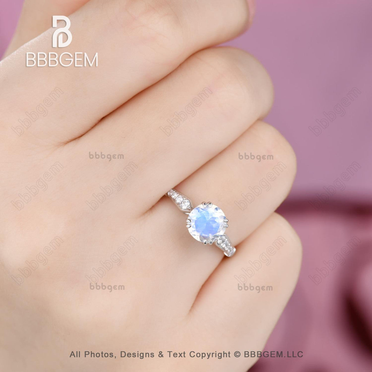 1.10 Carat Round Moonstone and Diamond Engagement Ring in Rose Gold - Rainbow Moonstone Ring-6.5mm round moonstone wedding ring