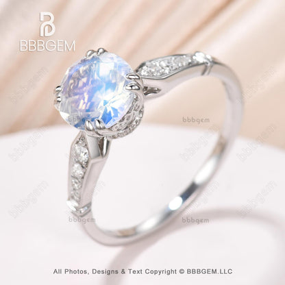 1.10 Carat Round Moonstone and Diamond Engagement Ring in Rose Gold - Rainbow Moonstone Ring-6.5mm round moonstone wedding ring