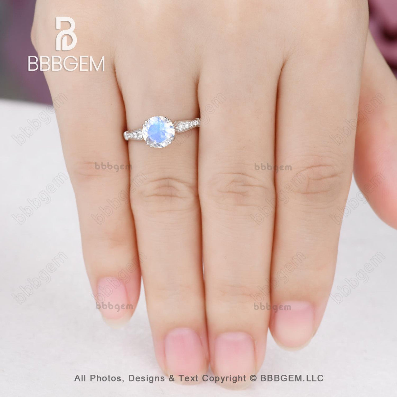 1.10 Carat Round Moonstone and Diamond Engagement Ring in Rose Gold - Rainbow Moonstone Ring-6.5mm round moonstone wedding ring