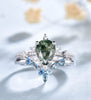 0.8CT Teardrop Moss Agate Engagement Ring Blue Topaz Stacking Band