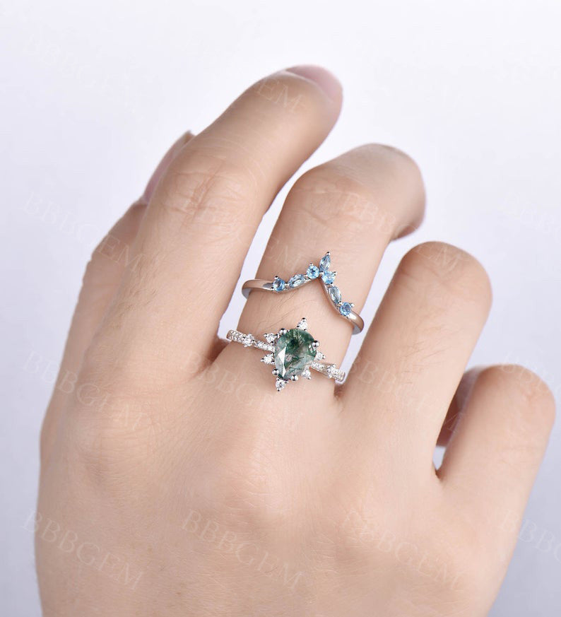 Blue Topaz Matching Band-BBBGEM Moss Agate Engagement Rings