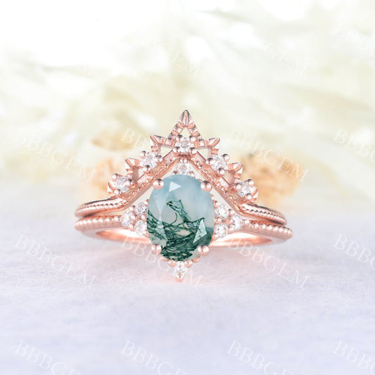 Moss Agate Engagement Ring Set-BBBGEM Moss Agate Engagement Rings