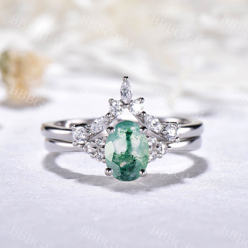 Oval Cut Moss Agate Ring-BBBGEM Moss Agate Engagement Rings