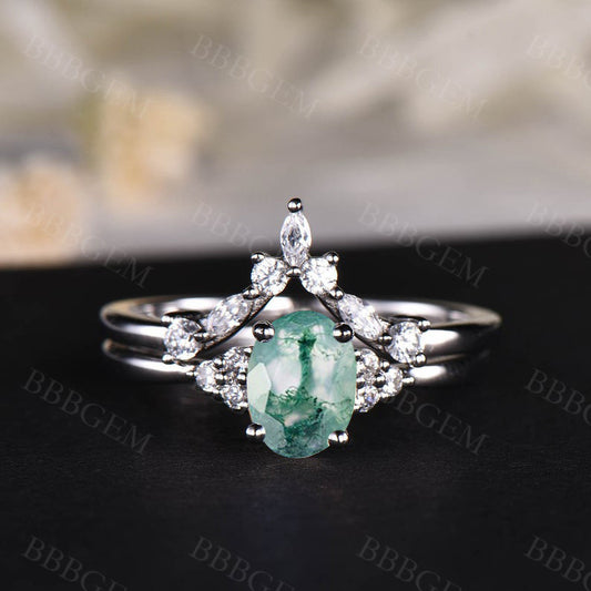 Moss Agate Engagement Ring Set-BBBGEM Moss Agate Engagement Rings