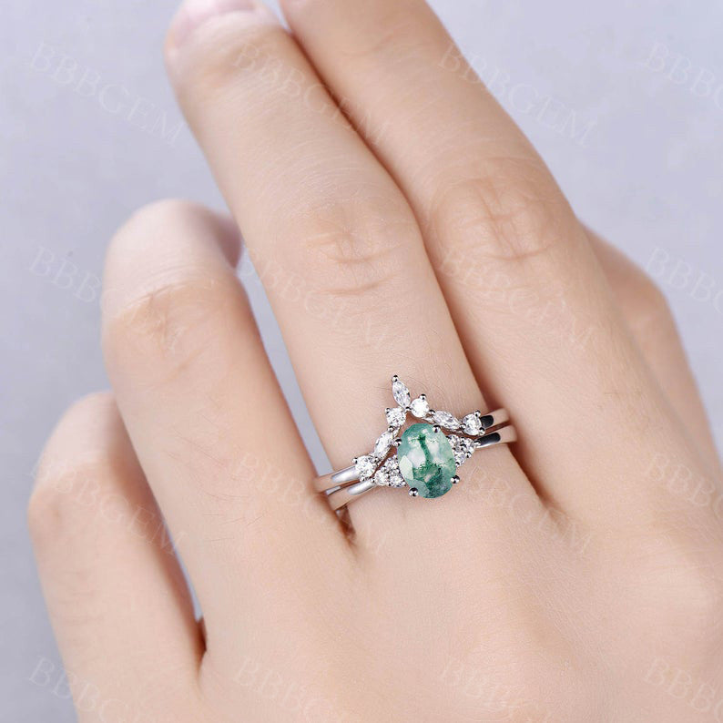 Diamonds Matching Band-BBBGEM Moss Agate Engagement Rings