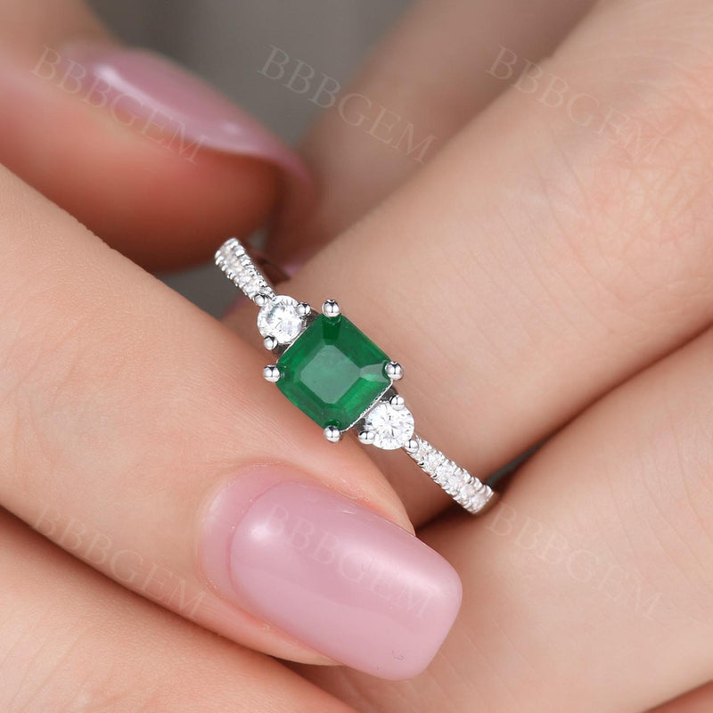 Natural Zambian Square Cut Emerald Diamond Platinum Ring Three Stone With Accented Diamond