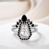 Rare Coffin Cut White Topaz Black Diamond Engagement Ring Set 14K White Gold Gothic Ring Set 2pcs