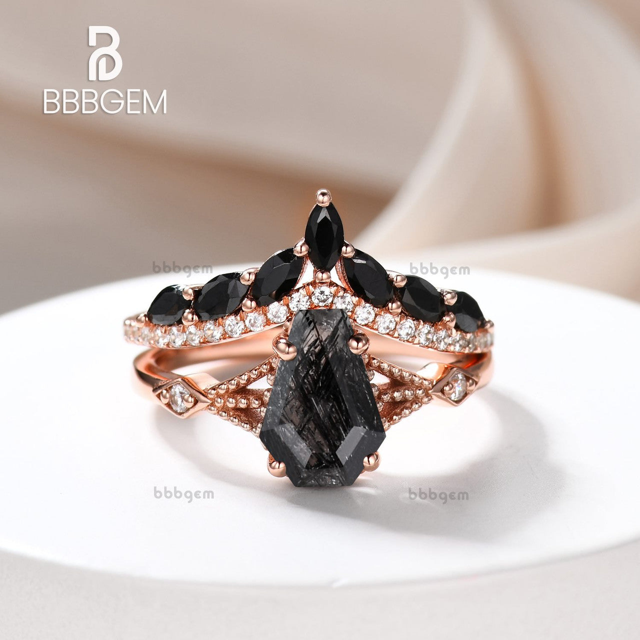 Black Rutilated Quartz Coffin Ring Set for Women BBBGEM