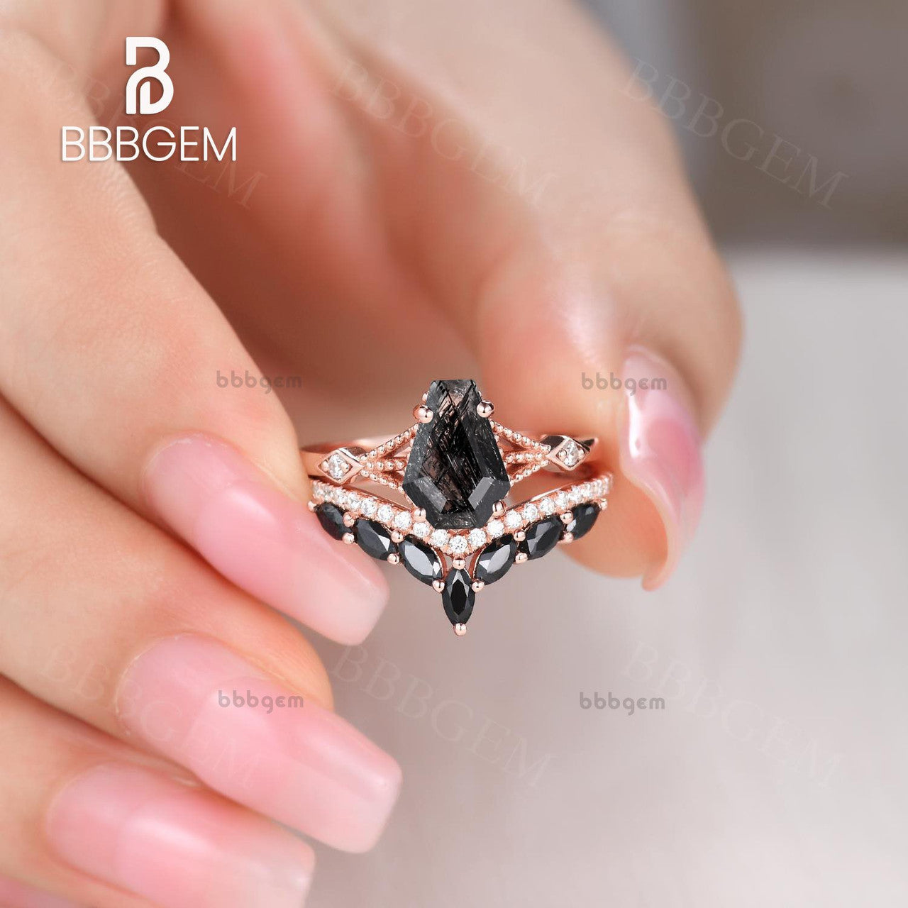 Black Rutilated Quartz Coffin Ring Set for Women BBBGEM