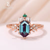 Long Hexagon Cut Lab Created Alexandrite Wedding Band Set 14K Rose Gold Elongated Alexandrite Crossover Diamond Accents