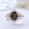 Oval Cut Black Rutilated Quartz Engagement Ring Marquise Moissanite Cluster Halo