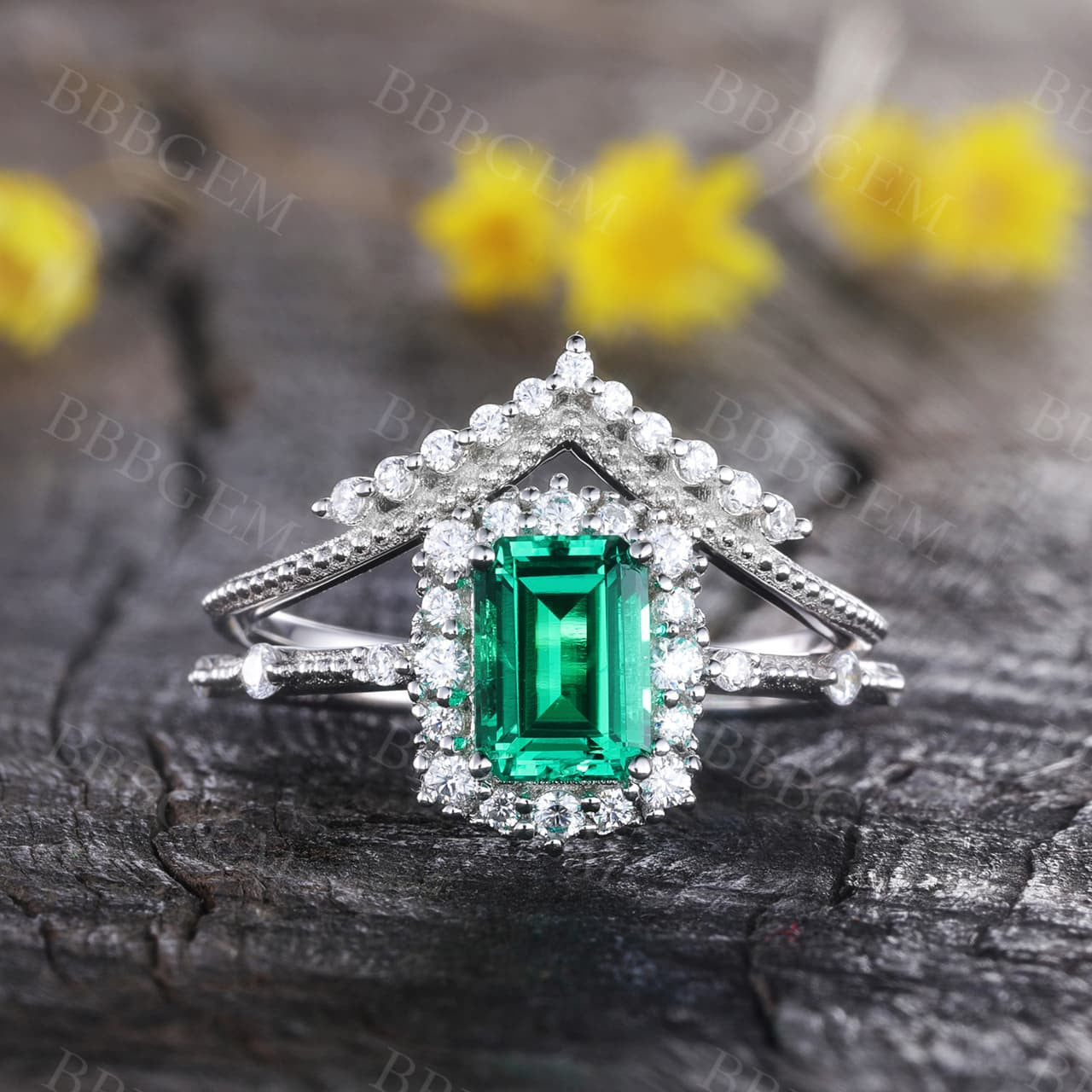 Emerald Gemstone Statement Ring Emerald Cut Wedding Ring Set