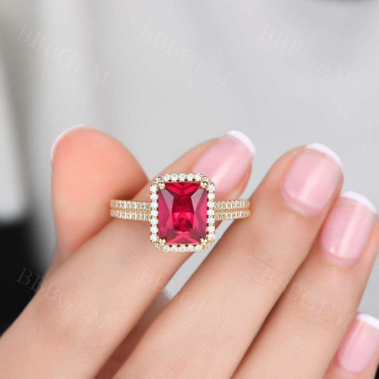 Vintage Diamond Ruby Promise Ring Yellow Gold Emerald Cut 8X10mm