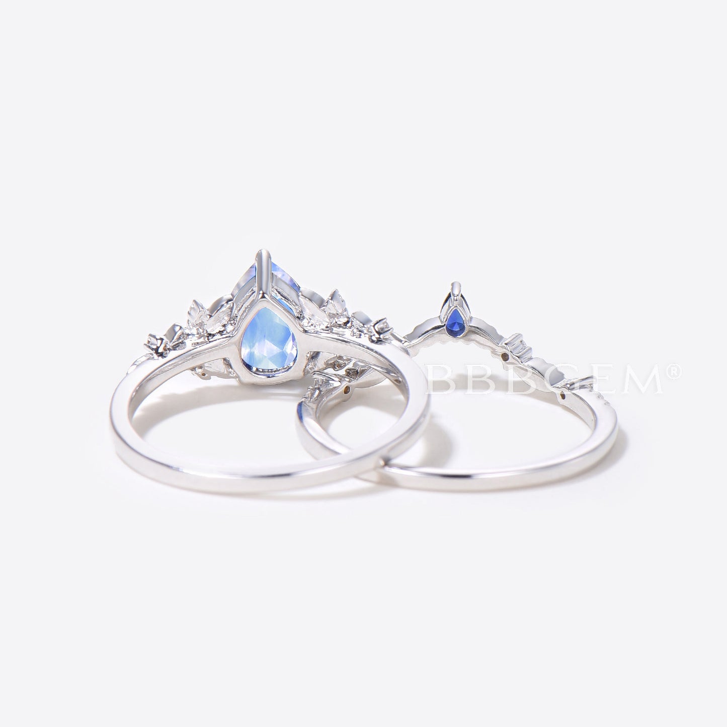 Pear Natural Moonstone Engagement Ring Leaf Floral Wedding Ring Set