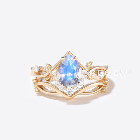 Teardrop Rainbow Moonstone Engagement Ring Gold Leaf Vine Bridal Set