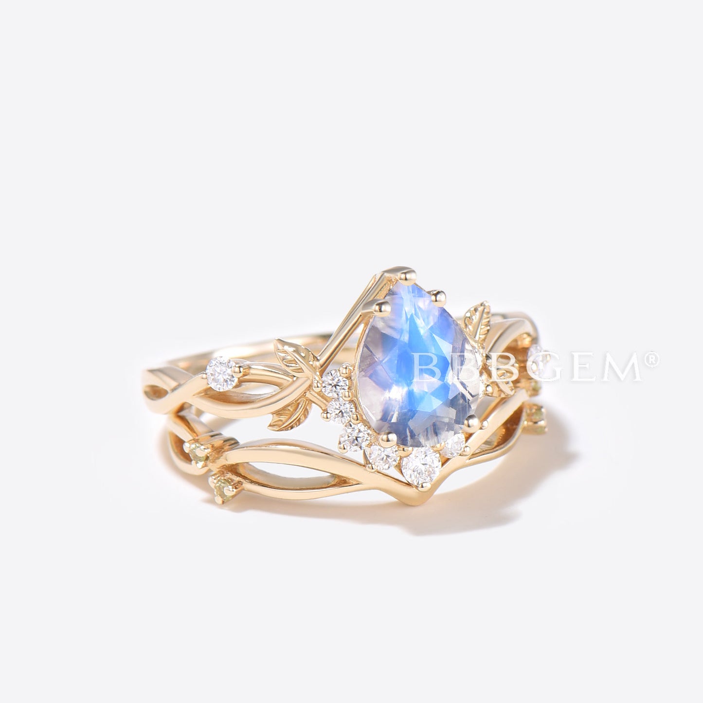 Teardrop Rainbow Moonstone Engagement Ring Gold Leaf Vine Bridal Set