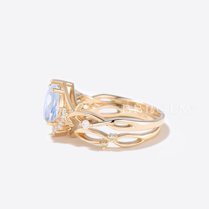 Teardrop Rainbow Moonstone Engagement Ring Gold Leaf Vine Bridal Set